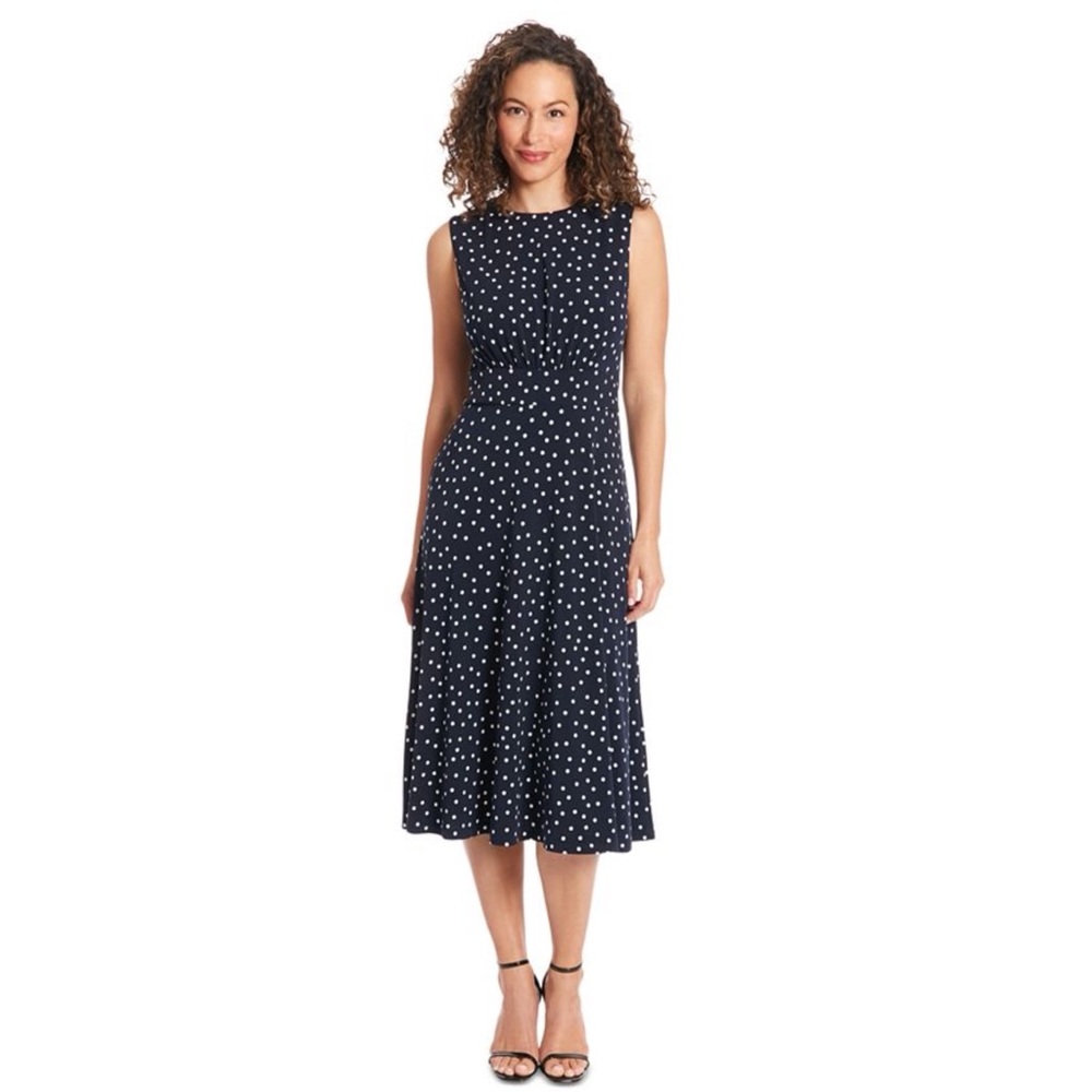 London Times Black & White Polka Dot Polka-Dot Fit & Flare Midi Dress Womens 10
